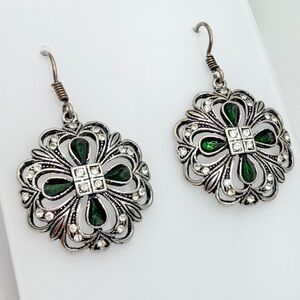 Elegant Silver Tone and Green Floral Earrings